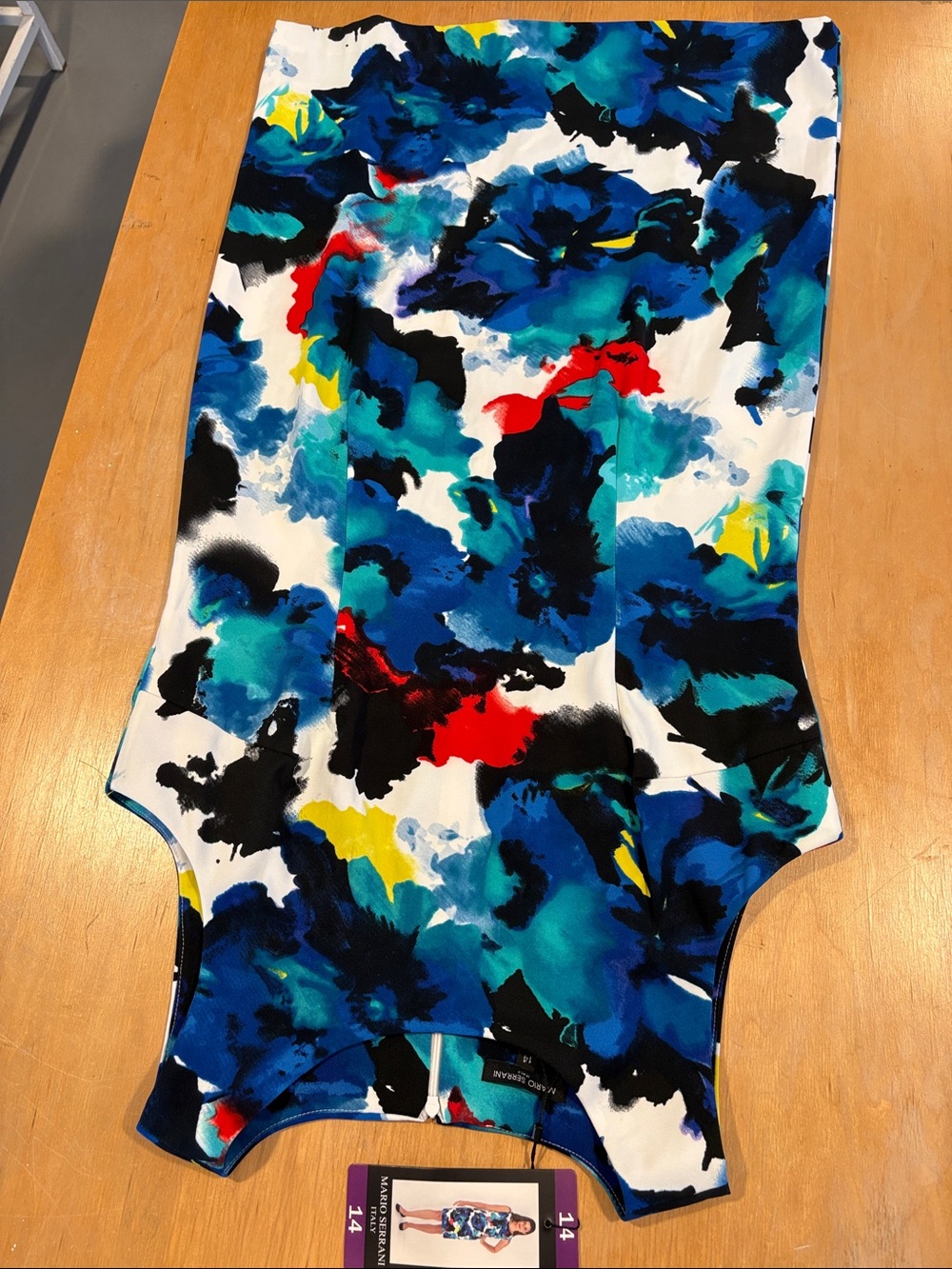Mario Serrani ~ Watercolor Vibrant Blue Multi Abstract Pencil Dress